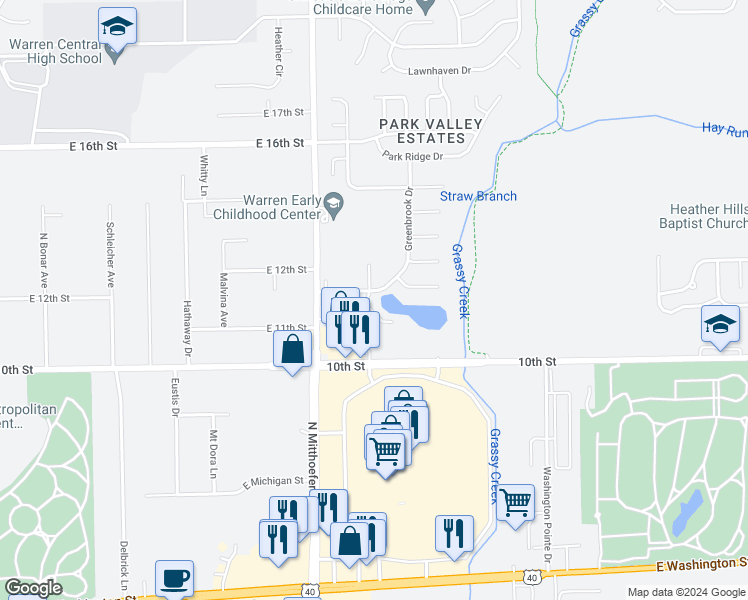 map of restaurants, bars, coffee shops, grocery stores, and more near 10148 Greenbrook Trail in Indianapolis