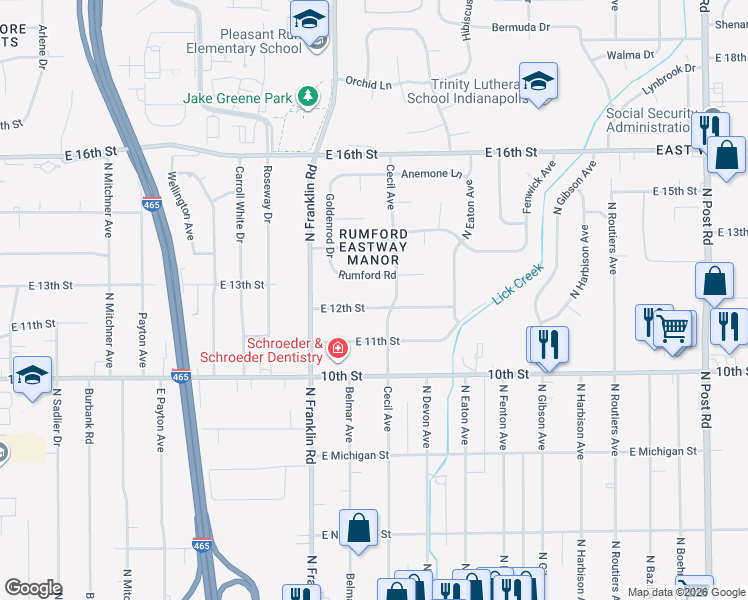 map of restaurants, bars, coffee shops, grocery stores, and more near 8140 East 12th Street in Indianapolis