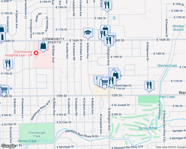 map of restaurants, bars, coffee shops, grocery stores, and more near 5910 East 12th Street in Indianapolis