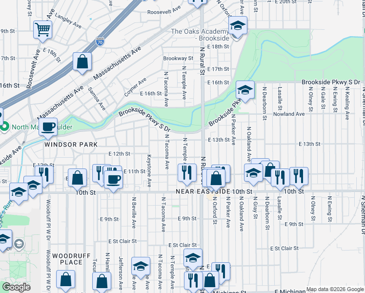 map of restaurants, bars, coffee shops, grocery stores, and more near 1225 North Temple Avenue in Indianapolis