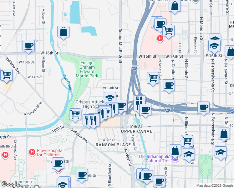 map of restaurants, bars, coffee shops, grocery stores, and more near in Indianapolis