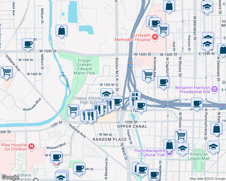 map of restaurants, bars, coffee shops, grocery stores, and more near in Indianapolis