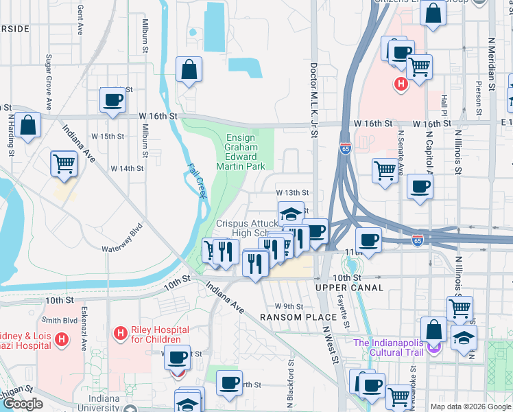 map of restaurants, bars, coffee shops, grocery stores, and more near 734 Drake Street in Indianapolis