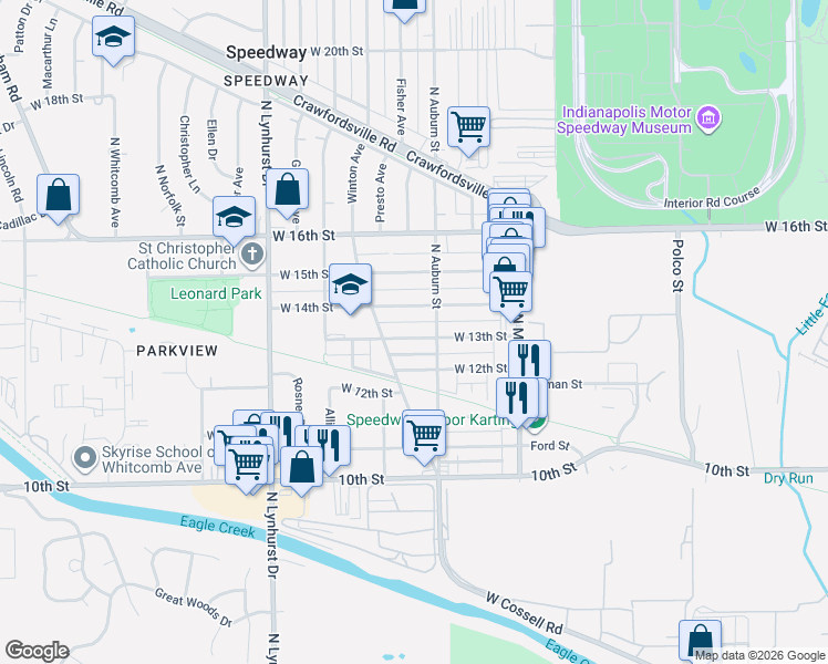 map of restaurants, bars, coffee shops, grocery stores, and more near 5040 West 13th Street in Indianapolis