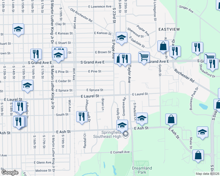 map of restaurants, bars, coffee shops, grocery stores, and more near 1620 South Pope Avenue in Springfield