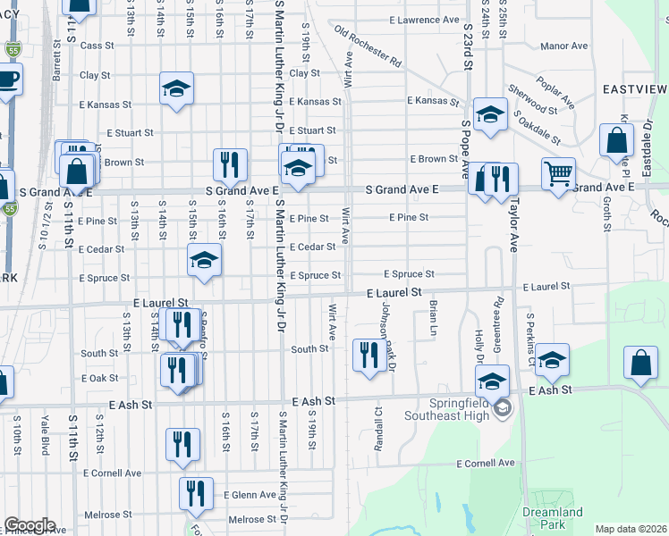 map of restaurants, bars, coffee shops, grocery stores, and more near 1937 East Spruce Street in Springfield