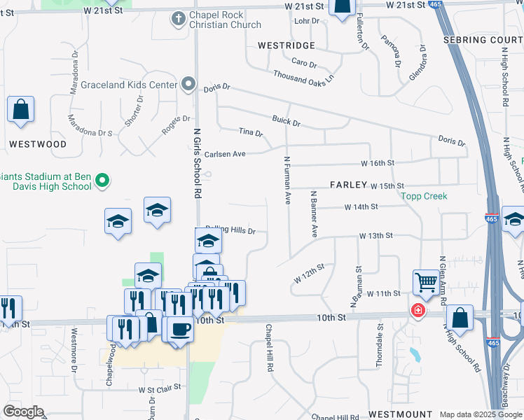 map of restaurants, bars, coffee shops, grocery stores, and more near 1410 Topp Creek Drive in Indianapolis