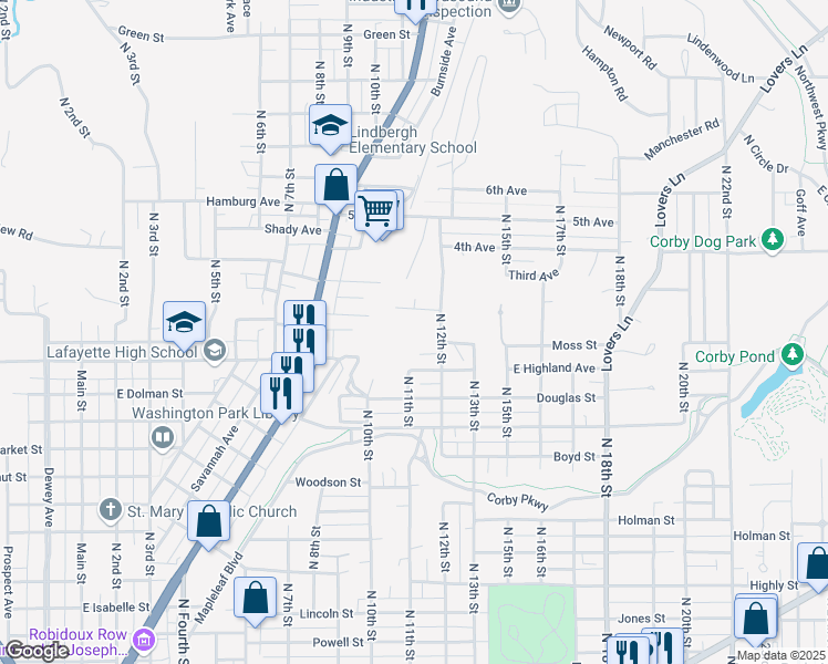 map of restaurants, bars, coffee shops, grocery stores, and more near 2100 North 11th Street in Saint Joseph