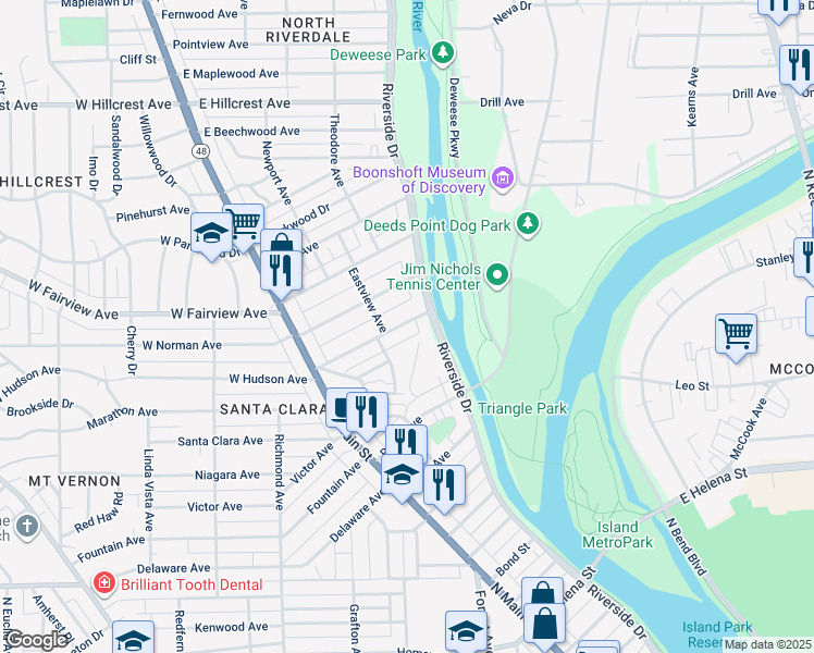map of restaurants, bars, coffee shops, grocery stores, and more near 132 E Hudson Ave in Dayton