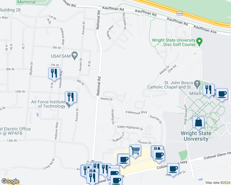 map of restaurants, bars, coffee shops, grocery stores, and more near 1601 Charterwoods Circle in Fairborn