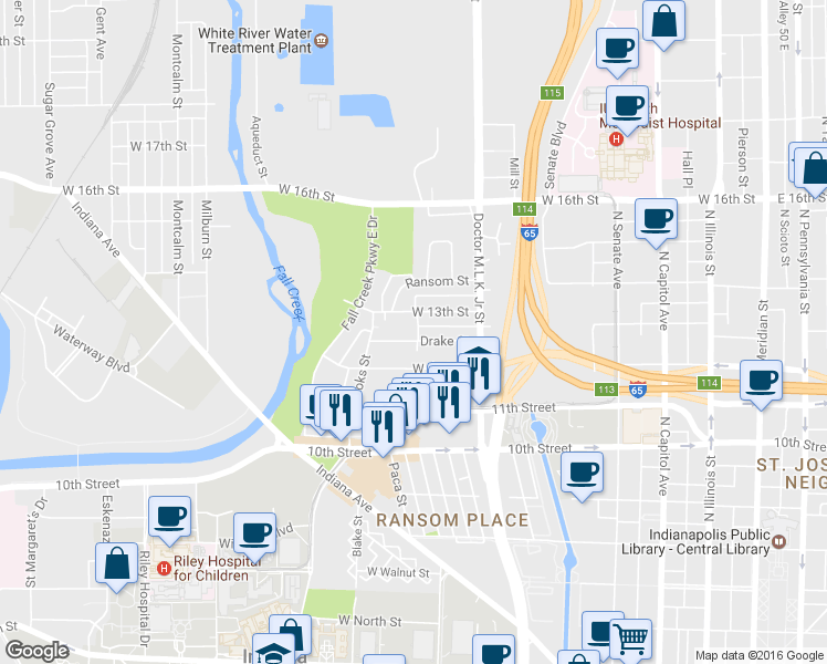 map of restaurants, bars, coffee shops, grocery stores, and more near 704 Drake St in Indianapolis