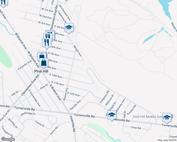 map of restaurants, bars, coffee shops, grocery stores, and more near 45 Country Club Road in Pine Hill