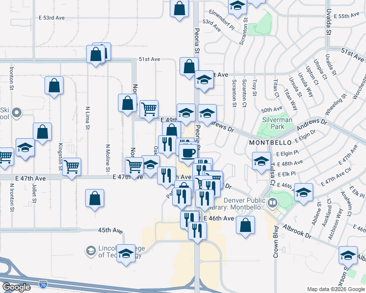 map of restaurants, bars, coffee shops, grocery stores, and more near 4790 Paris Street in Denver