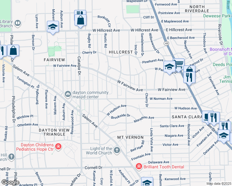 map of restaurants, bars, coffee shops, grocery stores, and more near 2017 Mayfair Road in Dayton