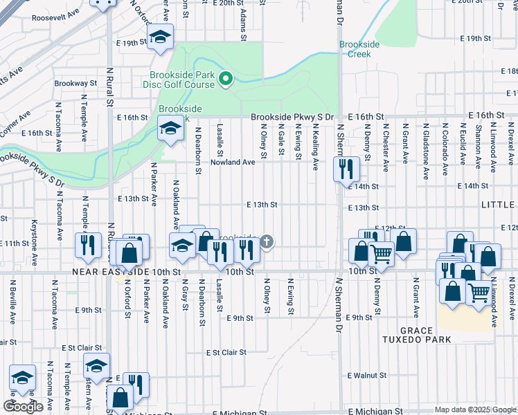 map of restaurants, bars, coffee shops, grocery stores, and more near 1230 North Olney Street in Indianapolis