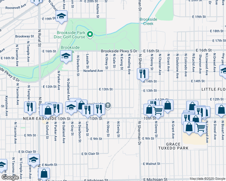 map of restaurants, bars, coffee shops, grocery stores, and more near 1230 North Gale Street in Indianapolis