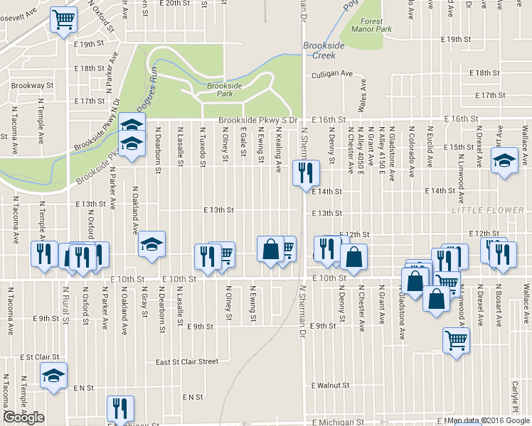 map of restaurants, bars, coffee shops, grocery stores, and more near 1229 North Ewing Street in Indianapolis