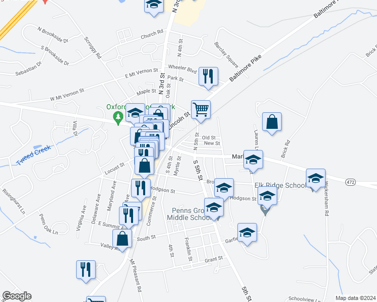 map of restaurants, bars, coffee shops, grocery stores, and more near 427 Market Street in Oxford