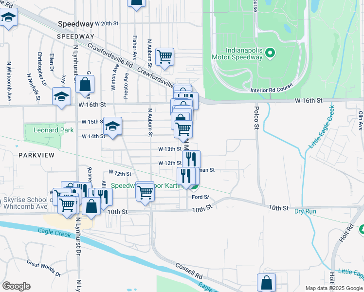 map of restaurants, bars, coffee shops, grocery stores, and more near 1324 North Main Street in Speedway