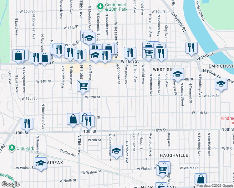 map of restaurants, bars, coffee shops, grocery stores, and more near 1206 North Concord Street in Indianapolis