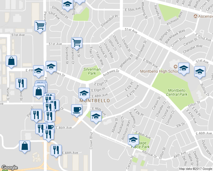map of restaurants, bars, coffee shops, grocery stores, and more near 12973 East Elgin Place in Denver