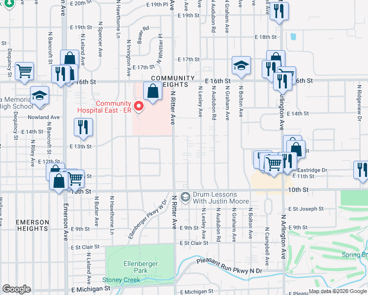 map of restaurants, bars, coffee shops, grocery stores, and more near 1138 North Layman Avenue in Indianapolis