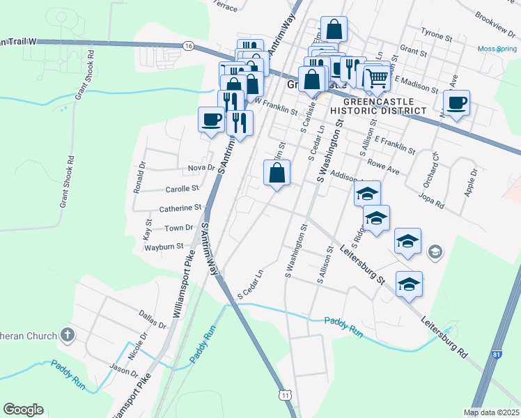 map of restaurants, bars, coffee shops, grocery stores, and more near 417 South Carlisle Street in Greencastle