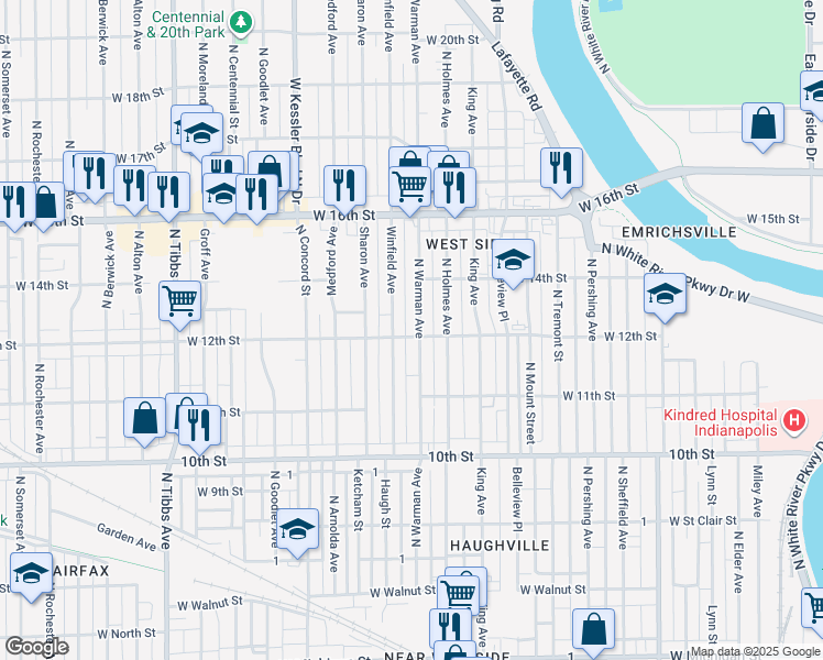 map of restaurants, bars, coffee shops, grocery stores, and more near 1202 North Warman Avenue in Indianapolis