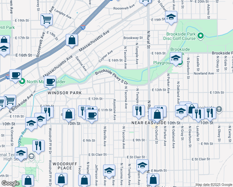 map of restaurants, bars, coffee shops, grocery stores, and more near 1225 Keystone Avenue in Indianapolis