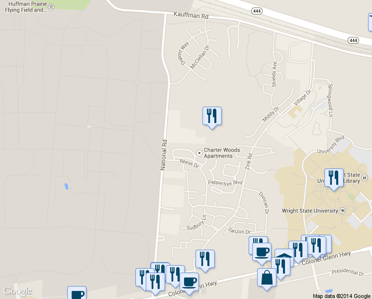 map of restaurants, bars, coffee shops, grocery stores, and more near 1563 Charterwoods Circle in Fairborn