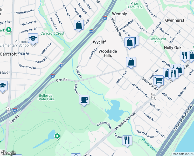 map of restaurants, bars, coffee shops, grocery stores, and more near 1120 Carr Road in Wilmington