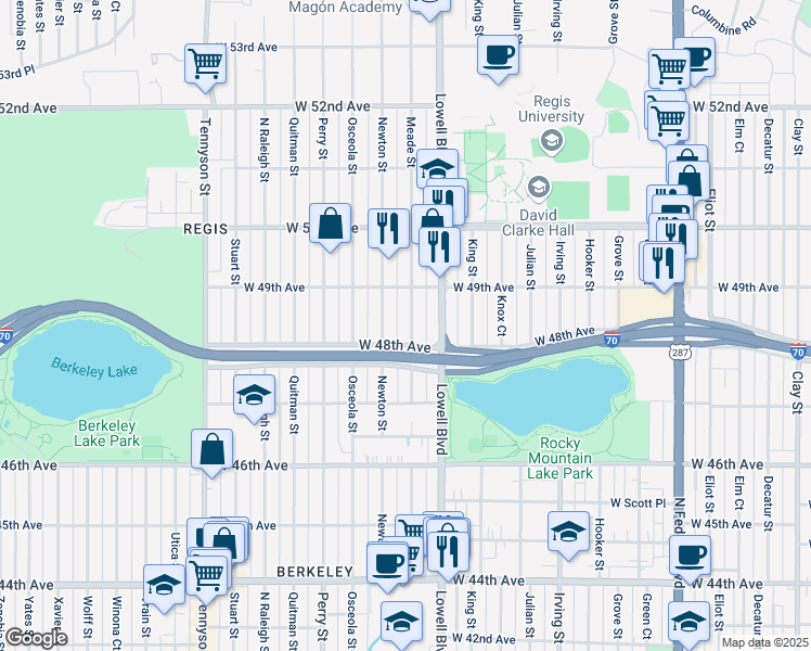 map of restaurants, bars, coffee shops, grocery stores, and more near 4833 Meade Street in Denver