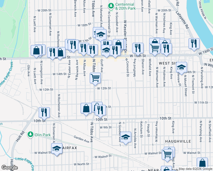 map of restaurants, bars, coffee shops, grocery stores, and more near 1208 N Centennial St in Indianapolis