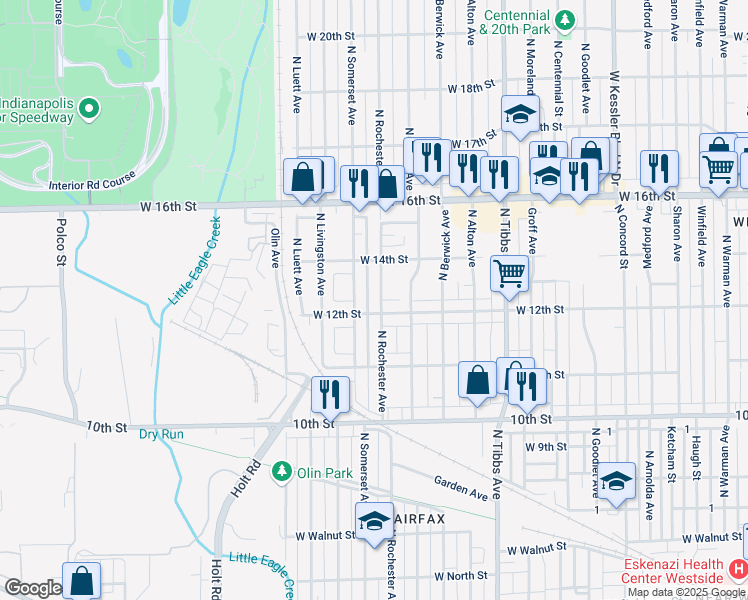 map of restaurants, bars, coffee shops, grocery stores, and more near 1214 North Rochester Avenue in Indianapolis