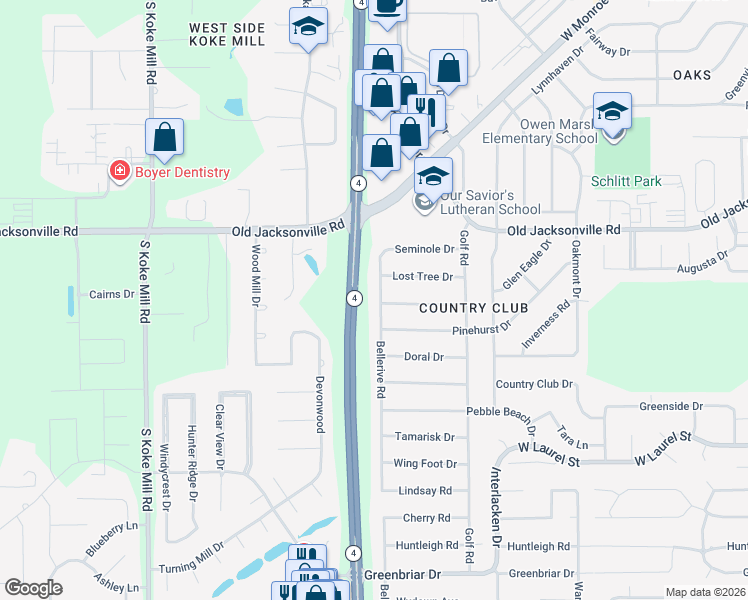 map of restaurants, bars, coffee shops, grocery stores, and more near 27-49 Bellerive Road in Springfield