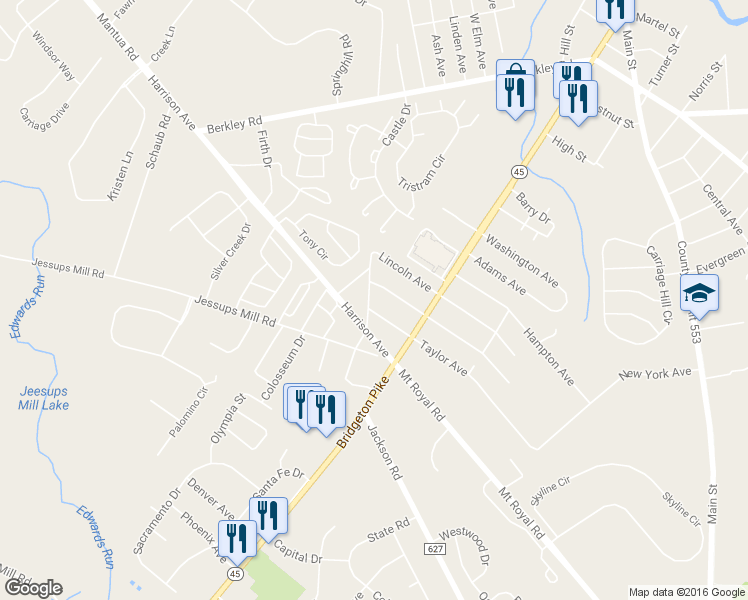 map of restaurants, bars, coffee shops, grocery stores, and more near 209 West Landing Road in Mantua Township