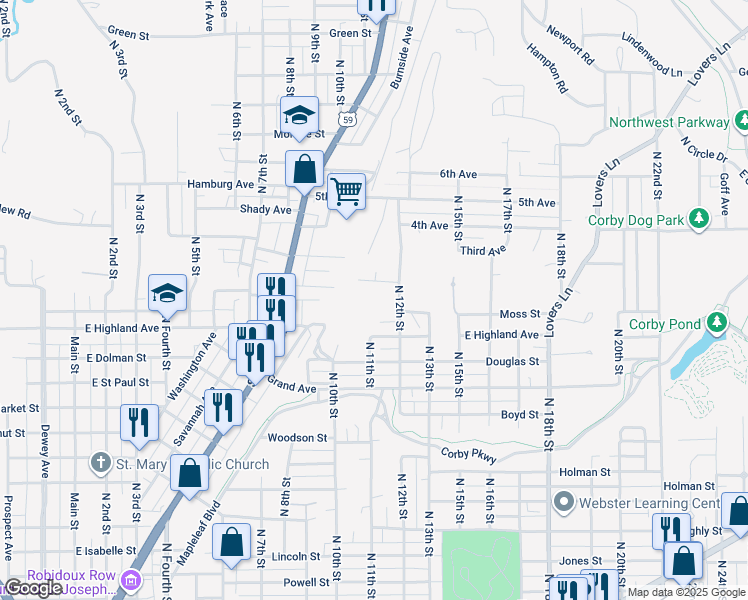 map of restaurants, bars, coffee shops, grocery stores, and more near 2100 North 11th Street in Saint Joseph