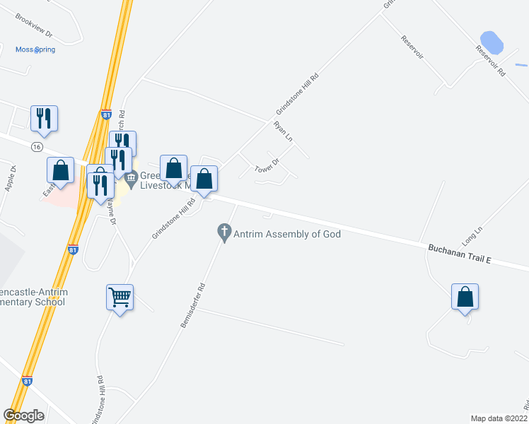 map of restaurants, bars, coffee shops, grocery stores, and more near 865 Buchanan Trail East in Greencastle