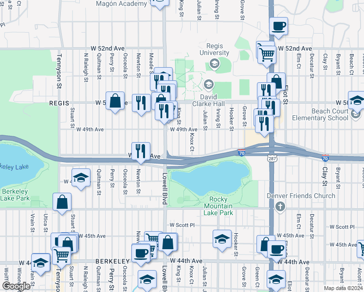 map of restaurants, bars, coffee shops, grocery stores, and more near 4832 King Street in Denver