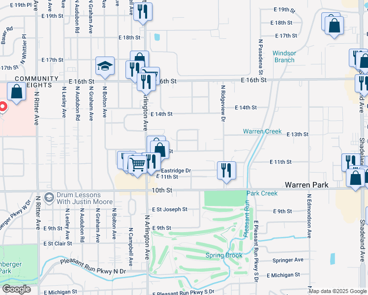 map of restaurants, bars, coffee shops, grocery stores, and more near 6136 East 12th Street in Indianapolis