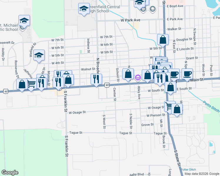 map of restaurants, bars, coffee shops, grocery stores, and more near 617 West Main Street in Greenfield