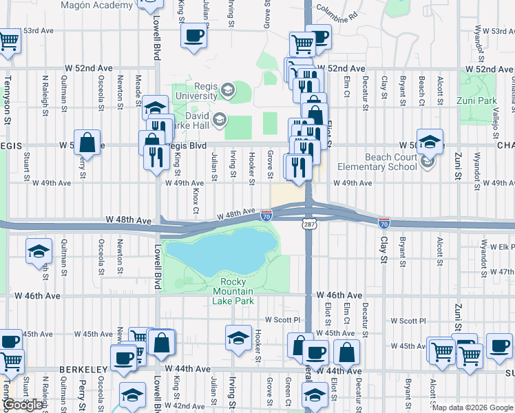 map of restaurants, bars, coffee shops, grocery stores, and more near 4800 Hooker Street in Denver