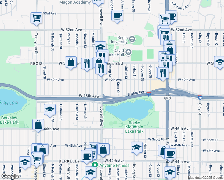 map of restaurants, bars, coffee shops, grocery stores, and more near 4832 King Street in Denver