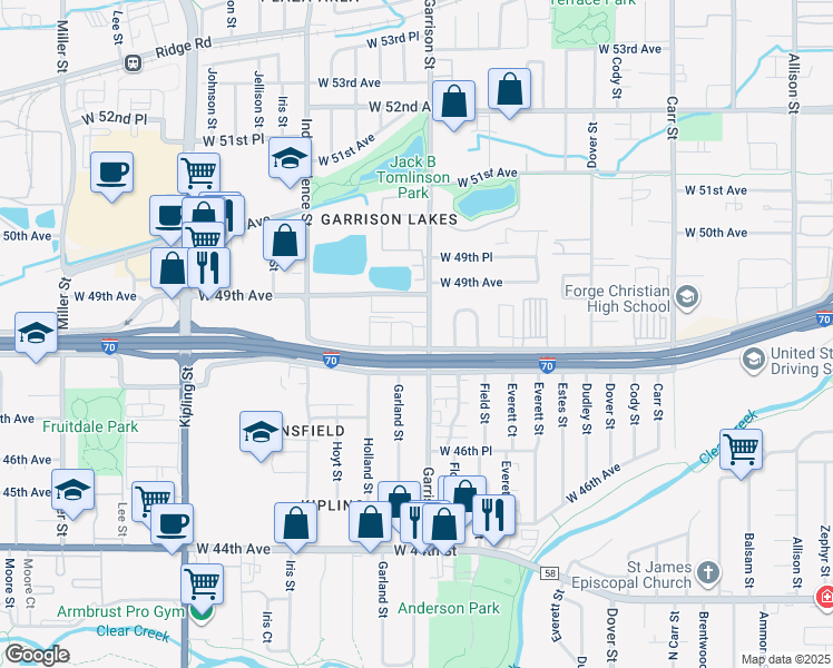 map of restaurants, bars, coffee shops, grocery stores, and more near 9235 West 48th Avenue in Wheat Ridge