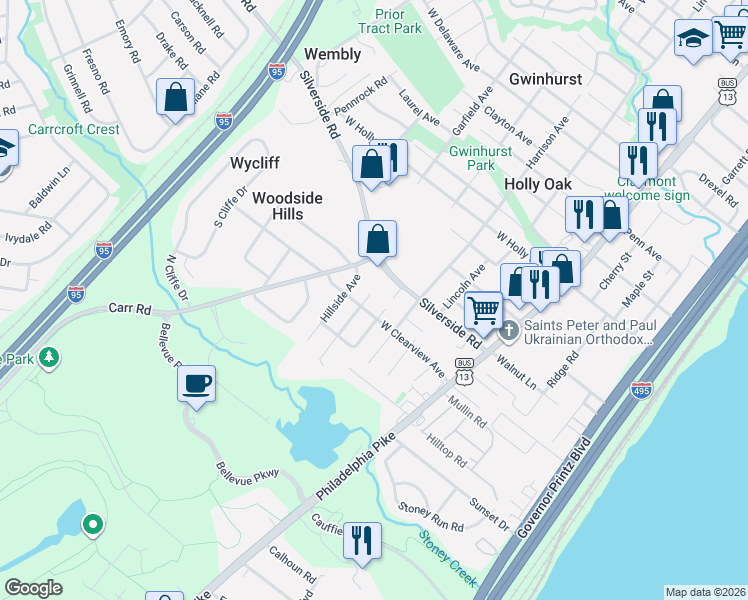 map of restaurants, bars, coffee shops, grocery stores, and more near 1300 Greenhill Avenue in Wilmington