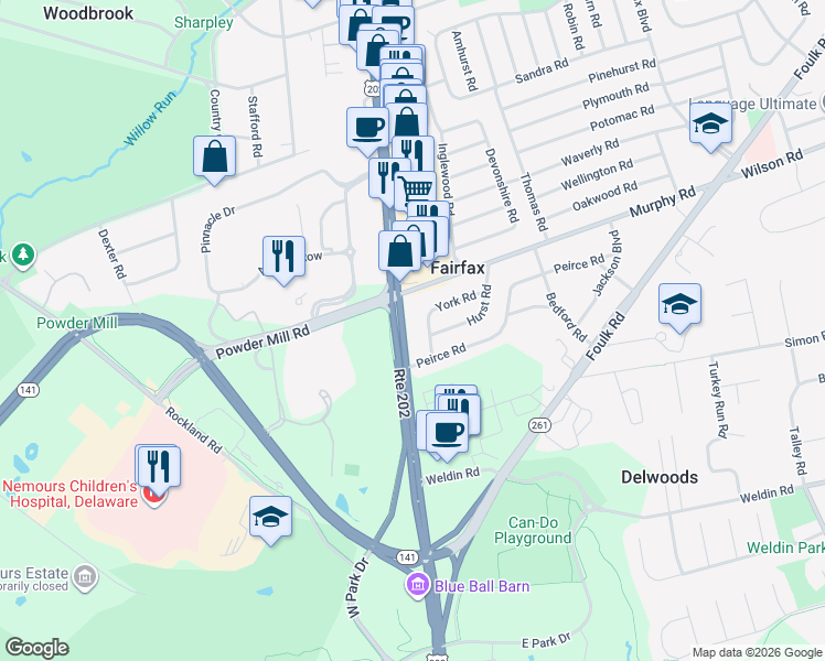 map of restaurants, bars, coffee shops, grocery stores, and more near in New Castle County