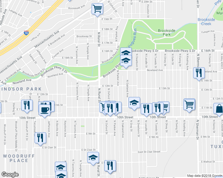 map of restaurants, bars, coffee shops, grocery stores, and more near 1229 North Oxford Street in Indianapolis