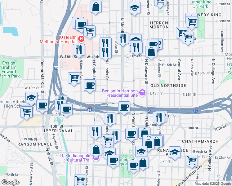 map of restaurants, bars, coffee shops, grocery stores, and more near in Indianapolis