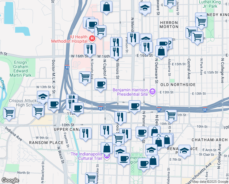 map of restaurants, bars, coffee shops, grocery stores, and more near 1244 North Illinois Street in Indianapolis