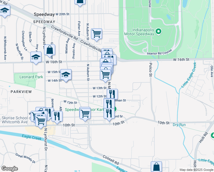 map of restaurants, bars, coffee shops, grocery stores, and more near 1324 North Main Street in Speedway